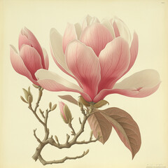Beautiful  magnolia × soulangeana hybrid flowering plant with pink tulip-shaped flowers on bare tree, vintage style illustration