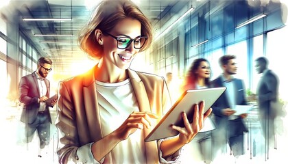 A smiling businesswoman using a tablet in a busy office corridor. - obrazy, fototapety, plakaty
