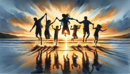 Five people joyfully jumping over a sunset beach reflection. - obrazy, fototapety, plakaty