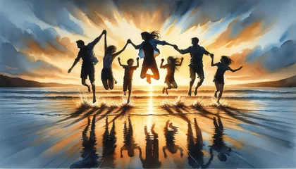 Poster Five people joyfully jumping over a sunset beach reflection. © S photographer