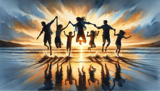 Five people joyfully jumping over a sunset beach reflection.