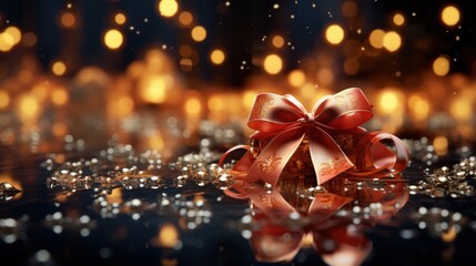 Red ribbon and bells laid in snow UHD wallpaper