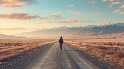 A lone man walks along an empty road surrounded by a vast expanse of desert landscape. - Powered by Adobe