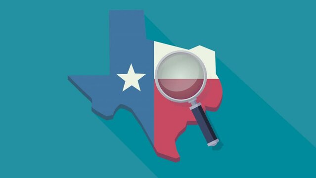 Looped animation of a magnifying glass peering into the 3D map of Texas in the colors of the Texas state flag on a blue background, transparent background, with alpha channel in a flat design style