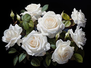 A bouquet of white roses on a black background