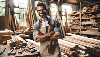 A confident craftsman in a well-equipped woodworking workshop.