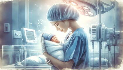 A nurse tenderly cradles a newborn baby in a hospital room.