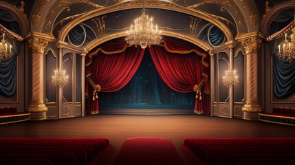 Empty Classic Theatre with Elegant Stage and Closed Red Velvet Curtains; Well-lit Opera House with Golden Decorations Prepared for Play or Ballet Show 