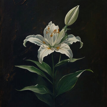 painting of White lily on a dark background. Oil painting on canvas. White lily on a dark background. Still life with flowers.