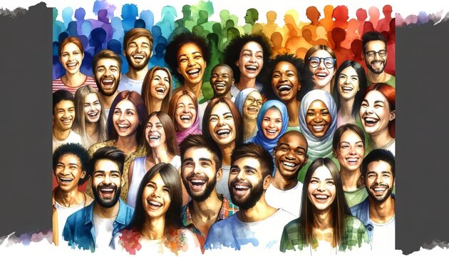 This is an image of a diverse group of people smiling and laughing against a background with colorful squares.