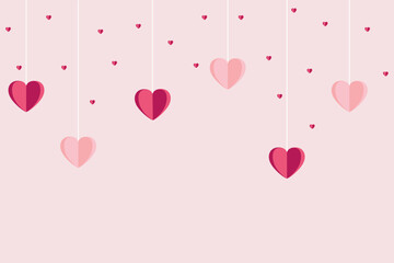 Red and pink hearts isolated on pink background. Paper cut decorations for Valentine's day border or frame design. Vector illustration