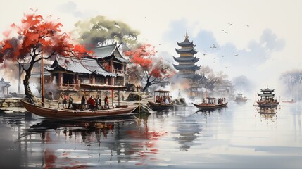 Obraz premium Oriental watercolor painting of a busy river town