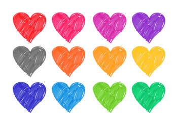 Fototapeta premium Hand drawn felt pen hearts in different colors variation