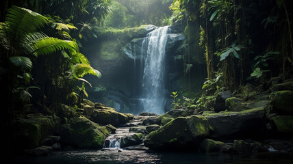 jungle landscape illustration, waterfall in jungle. Created with Generative AI	