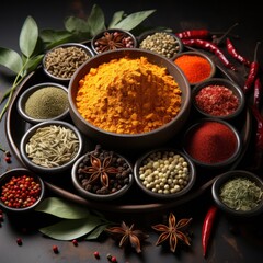 several types of spices in a black bowl on a textured concrete background