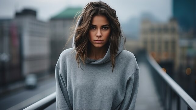 Portrait of a young woman in a gray hoodie
