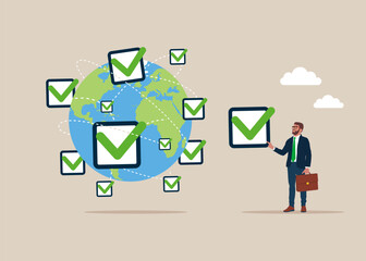 Leadership skill. Businessman put new completed checkbox on world map across globe. Flat vector illustration