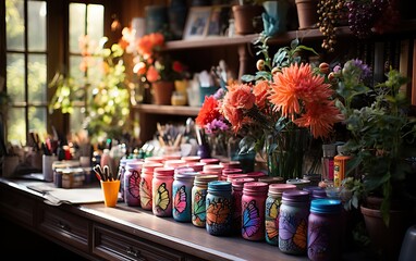 Artistic mason jars with butterfly motifs on a sunlit crafting desk - obrazy, fototapety, plakaty
