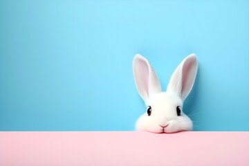 Fototapeta na wymiar White Easter bunny on a blue background, copy space.
