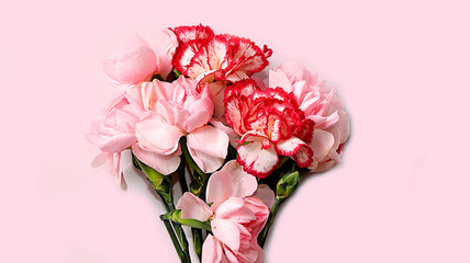 Floral arrangement with carnations on a pink background. Concept for Valentine's Day or Women's Day, Mother's Day, banner, greetings to your loved one on holiday, birthday, minimal modern design,