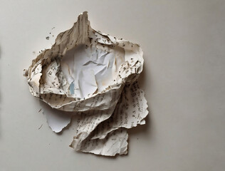 Crumpled sheet of paper with burnt edges and a place for your text. Crumpled Paper hole in the wall with some pieces of paper on it.