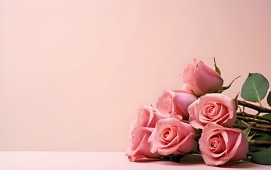 A bouquet of pink roses on a pink background. Copy space.