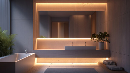 A sleek contemporary bathroom with a freestanding tub and ambient lighting, creating a warm and inviting atmosphere.