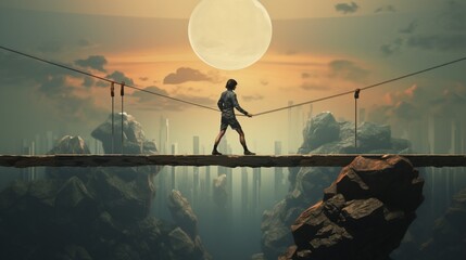 A graphic representation of a tightrope walker maintaining balance while traversing a rope, symbolizing equilibrium and stability amid a precarious situation - Generative AI - obrazy, fototapety, plakaty
