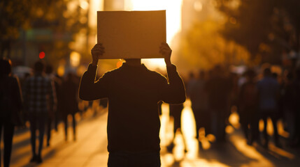 A silhouette of a person holding a sign with a crowd in the background during sunset, suggesting a protest or public demonstration. - obrazy, fototapety, plakaty
