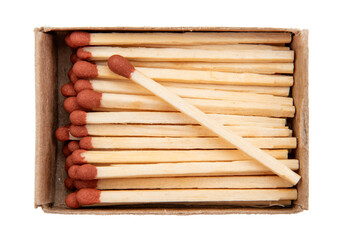 Matches in a box on a white background. View from above. Matches isolate
