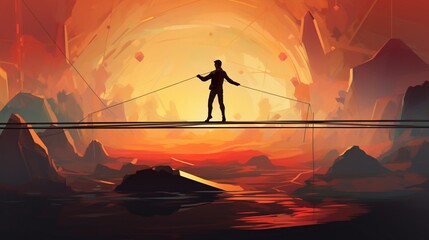 A graphic representation of a tightrope walker maintaining balance while traversing a rope, symbolizing equilibrium and stability amid a precarious situation - Generative AI