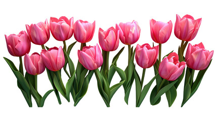 Colorful blooming tulips border. Blooming pink tulips isolated on transparent background. Mothers day, Valentines Day, Birthday celebration concept. Greeting card