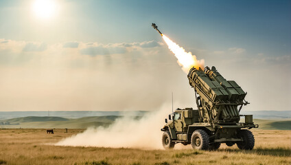 defense system  mobile Patriot in the field, day, background - obrazy, fototapety, plakaty