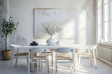 Home mockup, modern interior background with white table and chairs generative ai