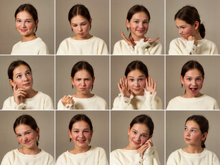 Different facial expressions collage set portraits of teen cover girl 12 year old. Actress emotions portfolio, emotional face teenage model posing at grey. Actor emotion concept. Copy ad text space - obrazy, fototapety, plakaty