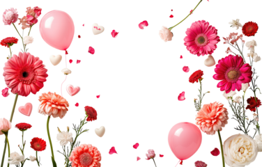 Horizontal banner or floral background with gorgeous multicolored blooming flowers and leaves border. Spring botanical flat on transparent background