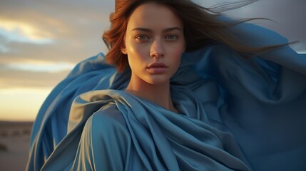 a high fashion close up portrait of a female plus size model in the desert wearing minimalistic blue clothes, cloudy sunset - Generative AI - obrazy, fototapety, plakaty