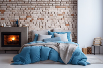 Bed with blue pillows near fireplace in loft interior with light walls. Scandinavian bedroom home design