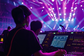 Asian sports event crew working at backstage with control panel on stage lighting 