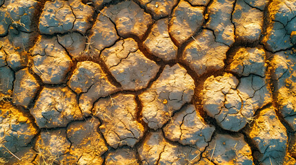 Aerial view of an arid soil with cracks due to drought. Dry land concept.