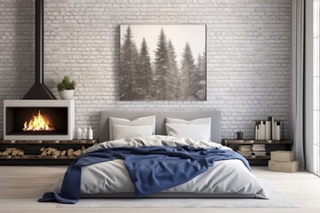Bed with blue pillows near fireplace in loft interior with light walls. Scandinavian bedroom home design