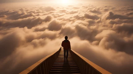 Foto op Canvas A man walks up the stairs into the clouds. © Oksana Tryndiak
