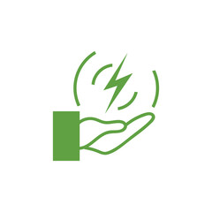 Human hand with symbol of green energy on white background