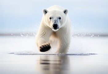 Polar bear on drift ice edge with snow and water in Norway sea. White animal in the nature habitat. Large male polar bear in the arctic with melting climate change. Generative ai
