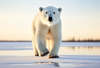 Polar bear on drift ice edge with snow and water in Norway sea. White animal in the nature habitat. Large male polar bear in the arctic with melting climate change. Generative ai - obrazy, fototapety, plakaty
