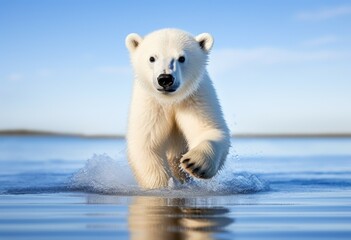 Polar bear on drift ice edge with snow and water in Norway sea. White animal in the nature habitat. Large male polar bear in the arctic with melting climate change. Generative ai - obrazy, fototapety, plakaty