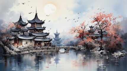 Oriental watercolor painting of traditional chinese courtyard with lake and bridge
