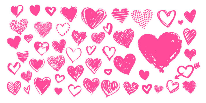 Naklejki Grunge Pink vector hand drawn hearts doodles collection