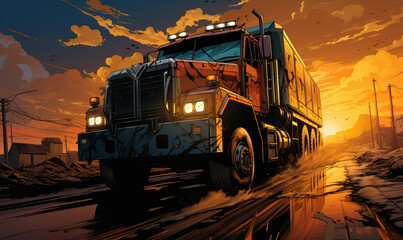 Truck car in graphic novel and comic style. - obrazy, fototapety, plakaty