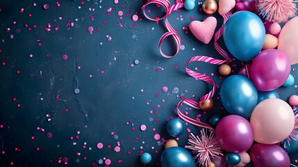 Fondo de festividad y celebración de cumpleaños con decoración de globos y cintas, con espacio para texto. Generado por IA. - obrazy, fototapety, plakaty